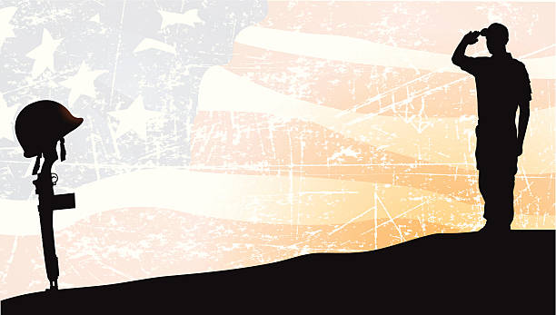 Armed Forces, Soldier Saluting Fallen Comrade, American Flag Background. Grunge style silhouette illustration of the American Soldier Saluting a Fallen Comrade with American Flag. Check out my "World War Two" light box for more.