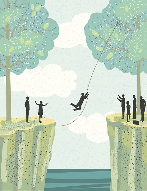 Vector illustration of Businessman Swinging from A Rope Between Two Cliffs