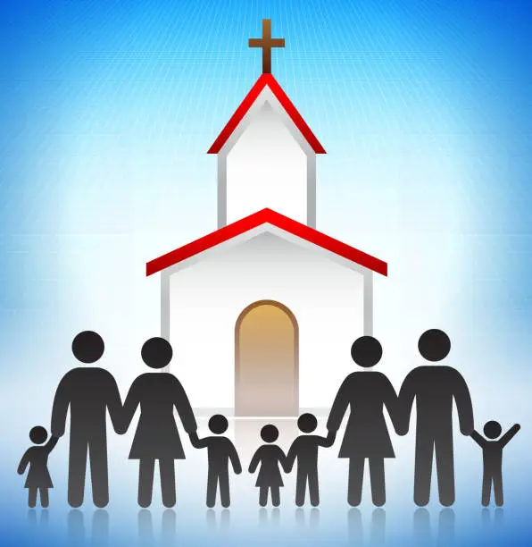 Vector illustration of Church with the Family Concept Stick Figures