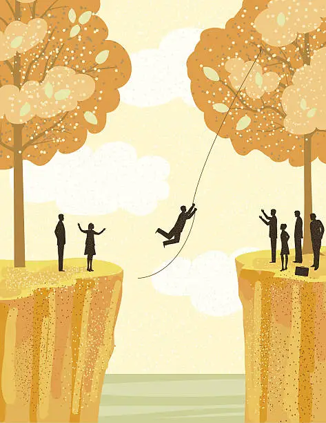 Vector illustration of Businessman Swinging from A Rope Between Two Cliffs