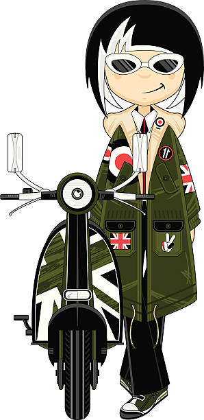 ilustraciones, imágenes clip art, dibujos animados e iconos de stock de tonos mod chica en parka con scooter - lapel hairstyle transportation british culture