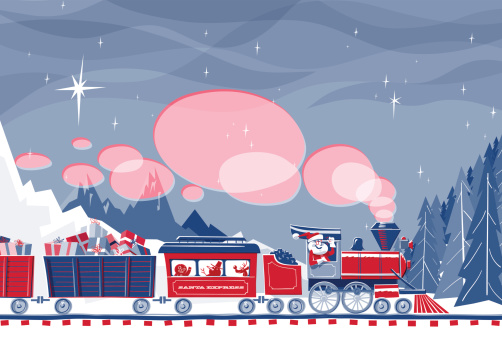 Santa Claus driving a steam train loaded with gifts and friends. File has transparencies and different blending modes. Only two global colors used. Clipping mask on train and trees.