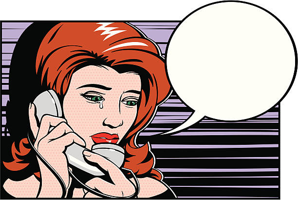 Distress Pretty brunette woman crying on the phone. comic book women pop art distraught stock illustrations