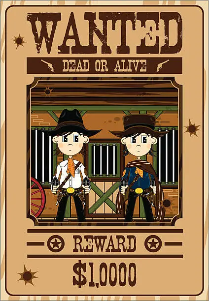 Vector illustration of Cute Cowboy Gunslingers Wanted Poster