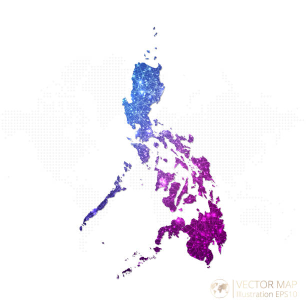 ilustrações, clipart, desenhos animados e ícones de mapa de filipinas em wireframe geométrico azul com gráfico de gradiente de estilo poligonal roxo no fundo branco - philippines map manila philippines flag
