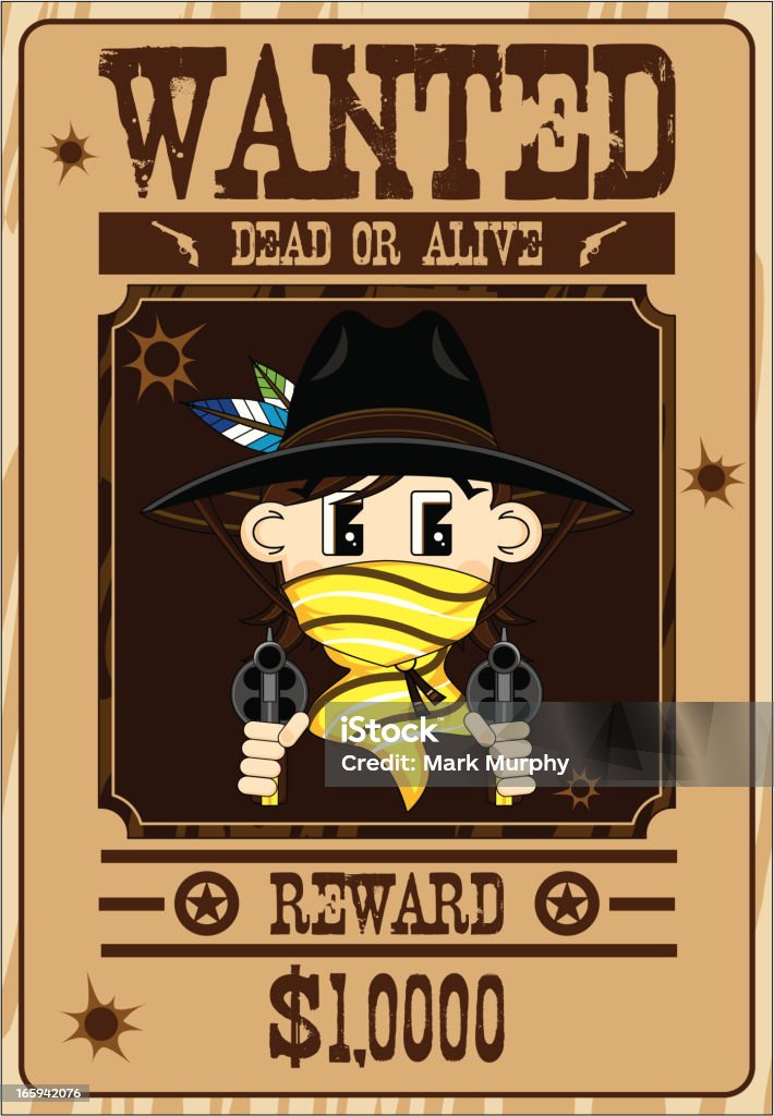 Cowboy Gunslinger Wanted Poster Vector Illustrated Wanted Poster of a Wild West Cowboy with Mask & Guns. Aiming stock vector