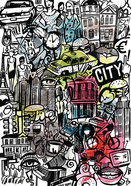 Cities Styles Image shows a doodle of city seeings in sketchy art; vectorimage with only one layer, without opening shapes and gradients; big jpeg (350DPI); digital drawing with free wild style; fantasy drawing; you can delete the colour fill in city life illustrations stock illustrations