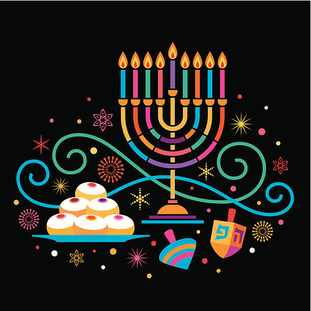 A colorful theme for the Jewish holiday of Hanukkah, Including a Hunukkia (traditional candelabra), doughnuts, and two Dreidels.