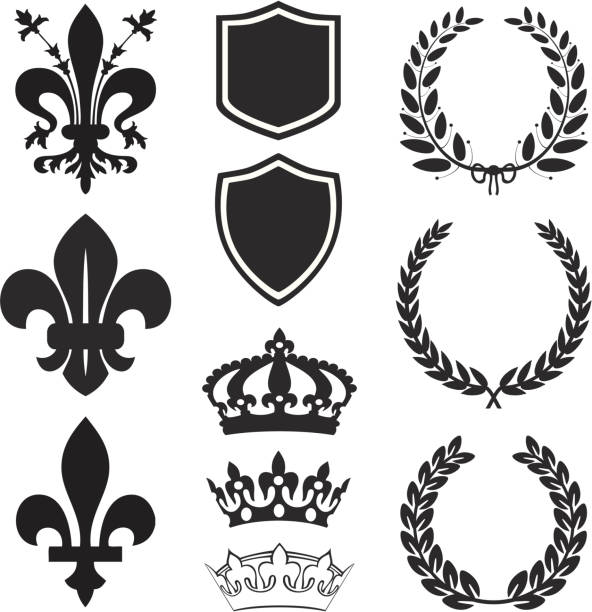 Fleur De Lis Heraldry Set Fleur De Lis heraldry set in black&white. crown of laurels stock illustrations