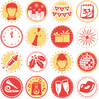 Set of circular color icons and seals for New Year Eve.