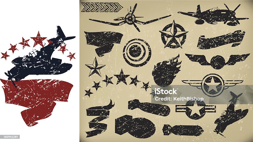 US Airplanes, AIr Force - Grunge Fighters, Banners. Stars Grunge style silhouette illustrations of the American World War Two Air Force, banner and stars. Compound paths. Use as positive or negative. Color changes a click. Check out my "World War Two" light box for more. World War II stock vector