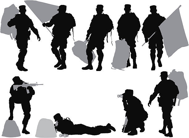 Multiple images of an army soldier Multiple images of an army soldierhttp://www.twodozendesign.info/i/1.png binoculars silhouettes stock illustrations
