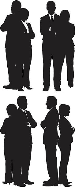 비즈니스 직원관리 입석 자신의 팔짱 낌 - men inside of suit silhouette stock illustrations