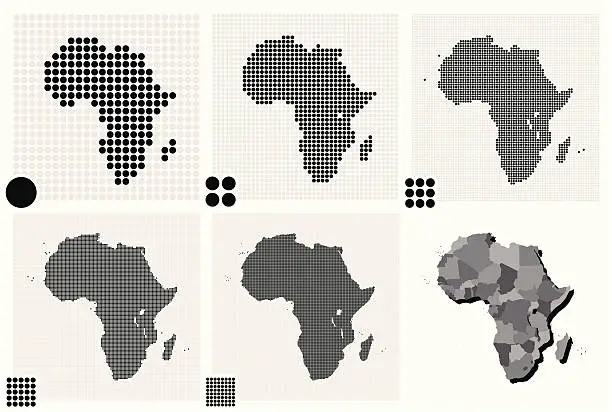 Vector illustration of Various illustrated maps of Africa made out of dots