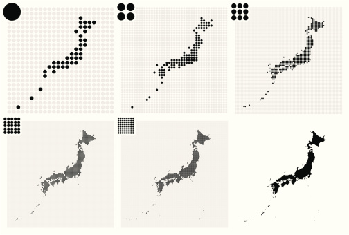 Set of 5 dotted maps of Japan in 5 different resolutions: from very low to ultra high, and outline map.