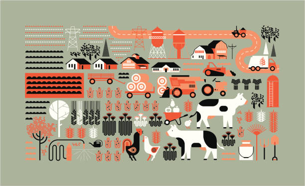 ilustraciones, imágenes clip art, dibujos animados e iconos de stock de farm panorama - agriculture field tractor landscape