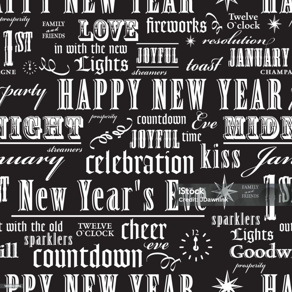 Happy New Year seamless background pattern Vector illustration of a New Year themed repeating seamless pattern background. Black and white. Includes words such as Family and Friends, Happy New Year, January 1st, New Year's Eve, sparklers,lights, toast celebration, streamers, twelve o'clock,midnight,party,resolution,joyful and others. Clock stock vector