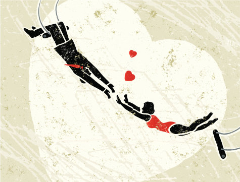 What a Catch! A stylized vector cartoon of a man and woman trapeze artist, with hearts, reminiscent of an old screen print poster and suggesting love, romance, a good catch, falling in love or marriage. Ideal for a Valentine's card. Hearts, people, paper texture, and background are on different layers for easy editing. Please note: clipping paths have been used, an eps version is included without the path.