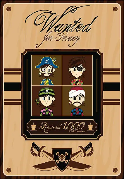 Vector illustration of Cute Pirate Gang Wanted Poster