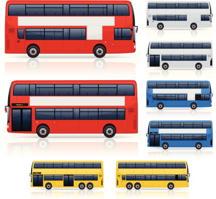 Modern generic double decker bus icons. Layered and grouped for ease of use. Download includes EPS 8 file and hi-res jpeg.