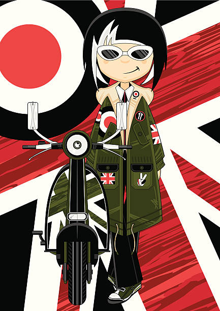 стильный современный девочка в парке с scooter - lapel hairstyle transportation british culture stock illustrations
