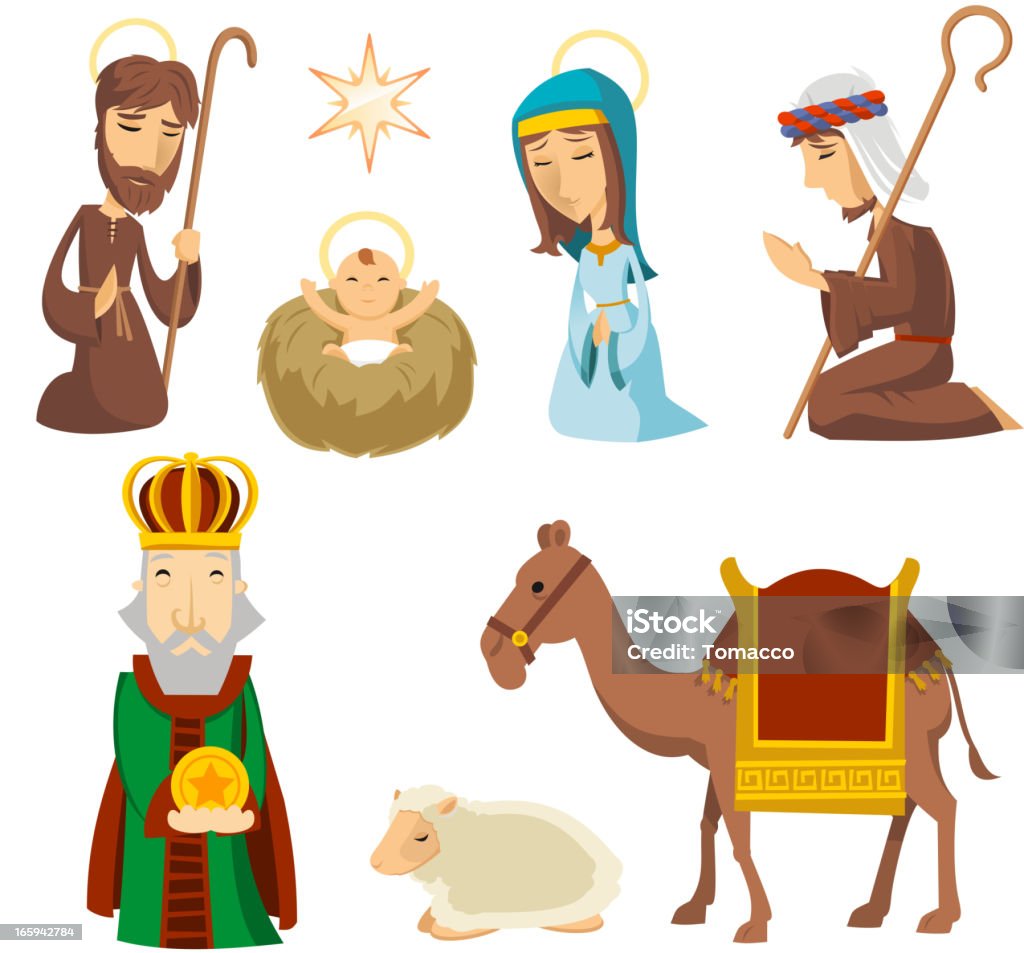 Noël Nativité scène caractères Marie Joseph Jésus Camel moutons étoiles - clipart vectoriel de Crèche de Noël libre de droits