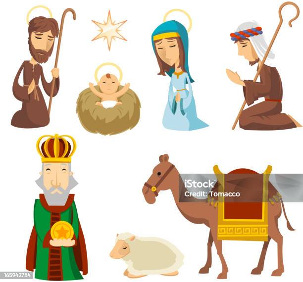 Noël Nativité Scène Caractères Marie Joseph Jésus Camel Moutons Étoiles Vecteurs libres de droits et plus d'images vectorielles de Crèche de Noël