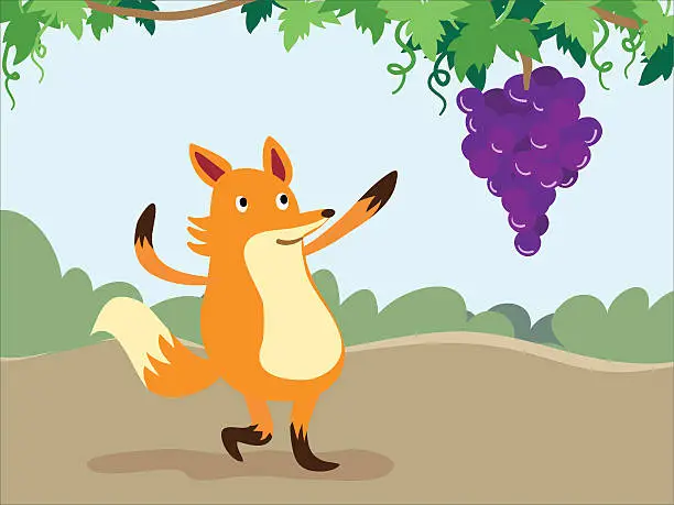 Vector illustration of Fox wants grapes cartoon illustration