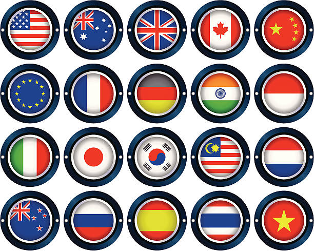 Flags Selection of round flags. From left to right (in alphabetical order); America, Australia, Britain, Canada, China, the European Union, France, Germany, India, Indonesia, Italy, Japan, Korea, Malaysia, Netherlands, New Zealand, Russia, Spain, Thailand, and Vietnam. thailand flag round stock illustrations