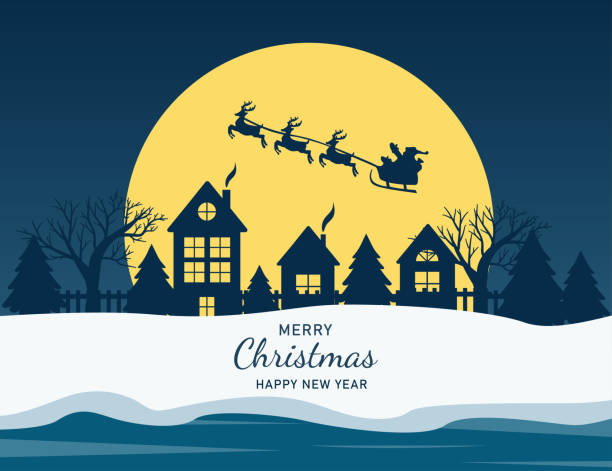 Winter village in paper cut style with yellow moon and sleigh. Merry christmas and a happy new year. Christmas background, greeting card. Vector Merry christmas and a happy new year. Vector Christmas background, greeting card. Views of the house in winter night. Art paper and crafts santa sleigh cutout stock illustrations