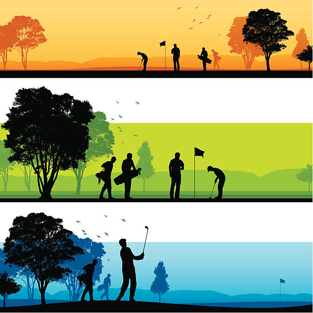Golf course silhouettes Three different golf course scenes with silhouetted golfers, birds and trees. golf course stock illustrations