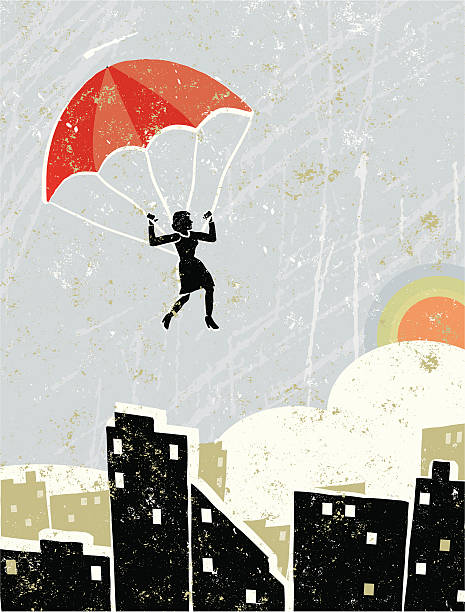 Freedom! A stylized vector cartoon of a  businesswoman on a parachute above a city scene, the style is  reminiscent of an old screen print poster, suggesting freedom, hope, let go, escape, flying high, loss of control or onwards and upwards. Parachute, woman, houses, city, paper texture and background are on different layers for easy editing. Please note: clipping paths have been used,  an eps version is included without the path.