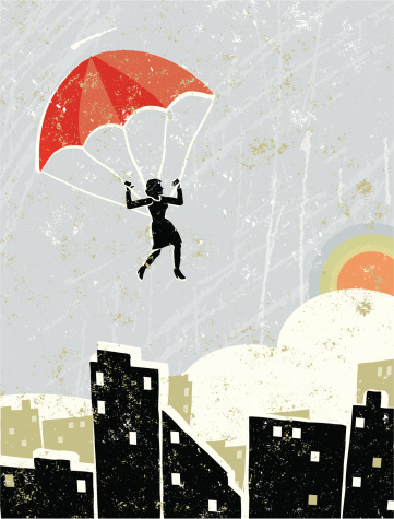 Freedom! A stylized vector cartoon of a  businesswoman on a parachute above a city scene, the style is  reminiscent of an old screen print poster, suggesting freedom, hope, let go, escape, flying high, loss of control or onwards and upwards. Parachute, woman, houses, city, paper texture and background are on different layers for easy editing. Please note: clipping paths have been used,  an eps version is included without the path.