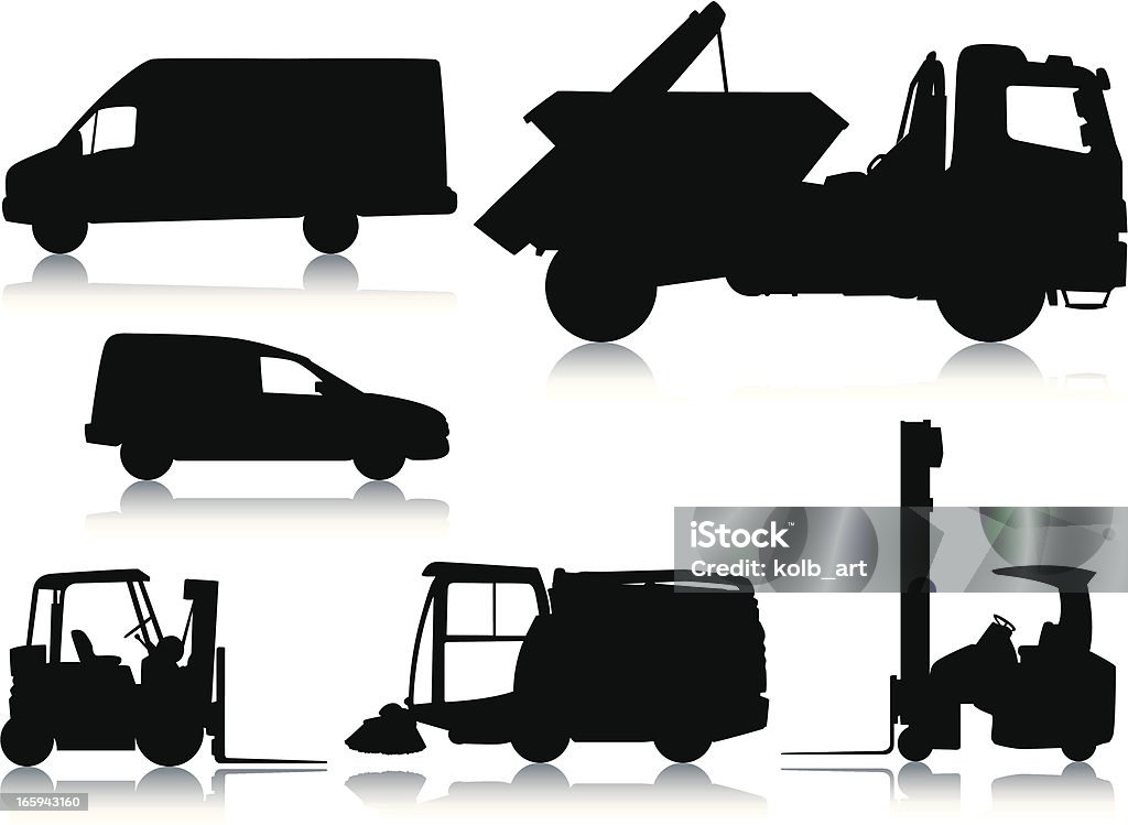 Car and heavy industry silhouettes Vector illustrated silhouettes of vans, a skip truck, fork lift trucks and a street sweeper. One of a series. In Silhouette stock vector