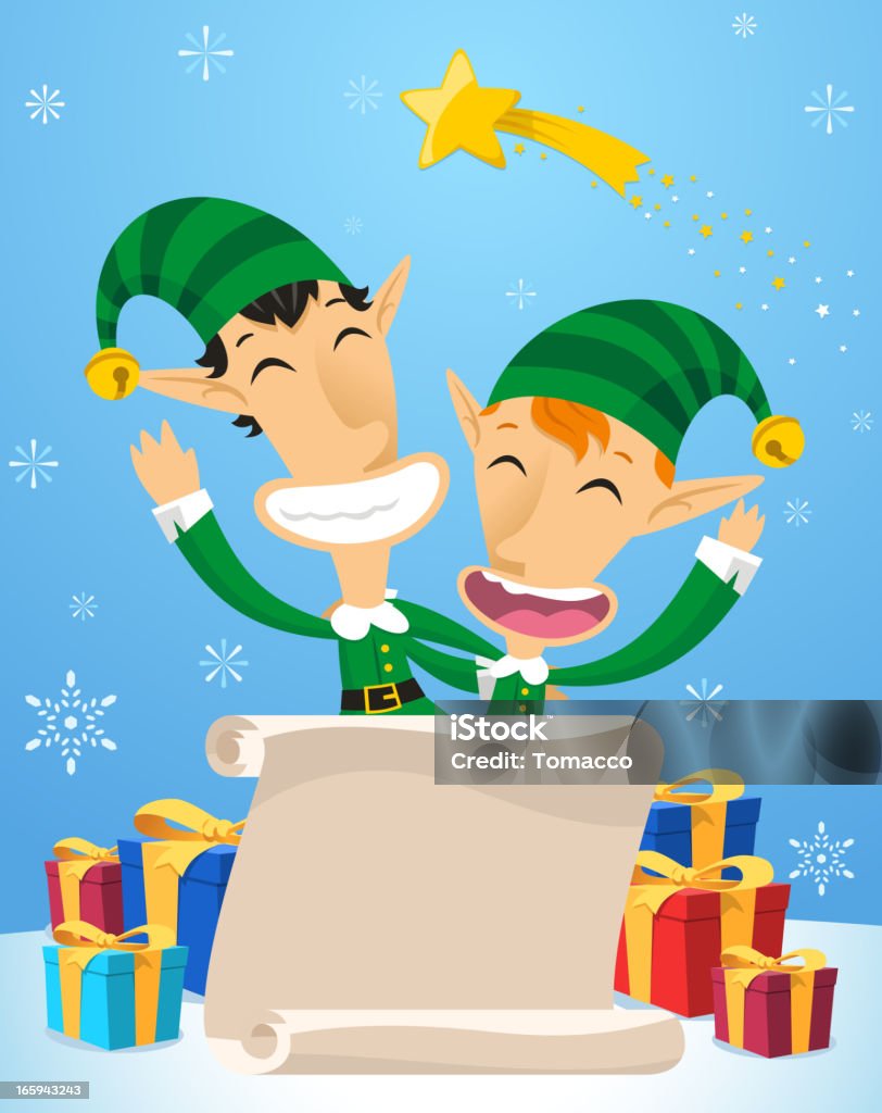 Noël et ses lutins heureux avec cadeaux - clipart vectoriel de Boîte libre de droits