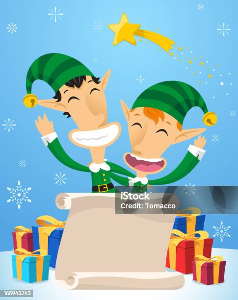 Christmas Elves Szczęśliwy Z Prezenty - Stockowe grafiki wektorowe i więcej obrazów Boże Narodzenie - Boże Narodzenie, Czapka Świętego Mikołaja, Dostatek