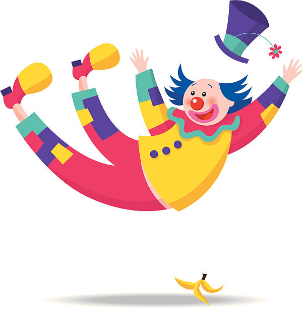 Clown slipping with a banana peel vector art illustration