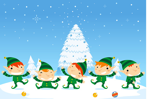 Elf fun five elves happily dancing with Snowy background. Vector Illustration cartoon. 