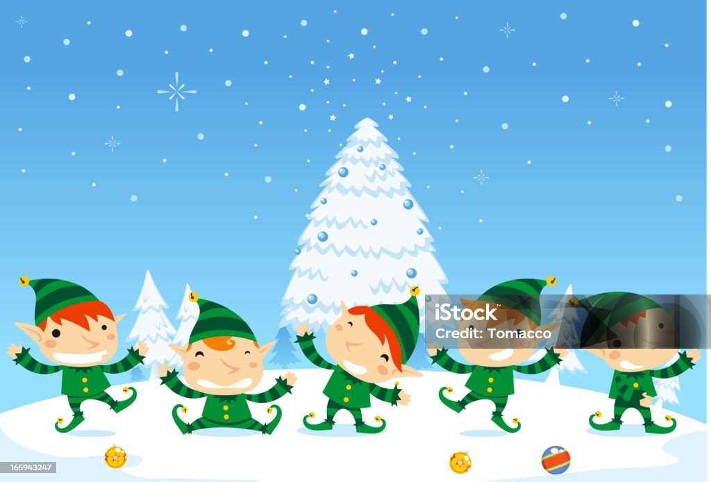 Elf fun five elves happily dancing with Snowy background Elf fun five elves happily dancing with Snowy background. Vector Illustration cartoon.  Elf stock vector