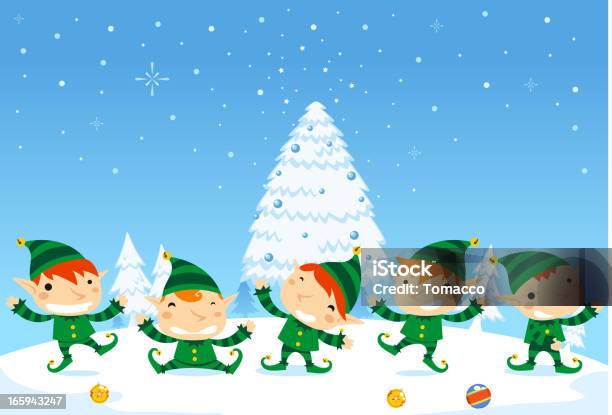 Elf Fun Five Elves Happily Dancing With Snowy Background Stock Illustration - Download Image Now