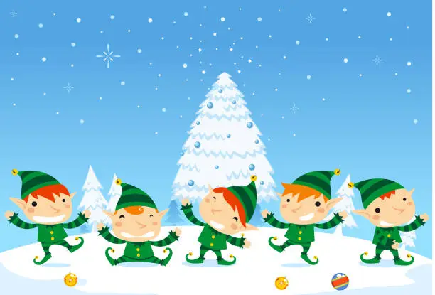 Vector illustration of Elf fun five elves happily dancing with Snowy background