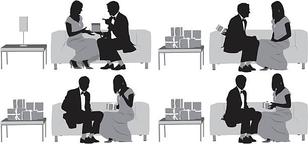 illustrazioni stock, clip art, cartoni animati e icone di tendenza di più immagini di una coppia seduta sul divano con i regali - white background lifestyles equipment dress shoe