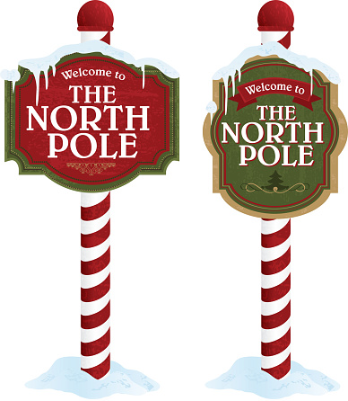 Vector illustration of two 'Welcome to the North Pole' signs on white. Signs feature red, green colors primarily and candy cane stripe pole. Download includes Illustrator 10 eps with transparencies, high resolution jpg and png file.