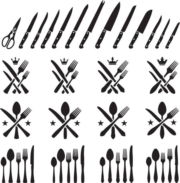 조리 기구 식기류 포크스 knifes 및 스푼즈 벡터 아이콘 세트 - kitchen utensil commercial kitchen domestic kitchen symbol stock illustrations