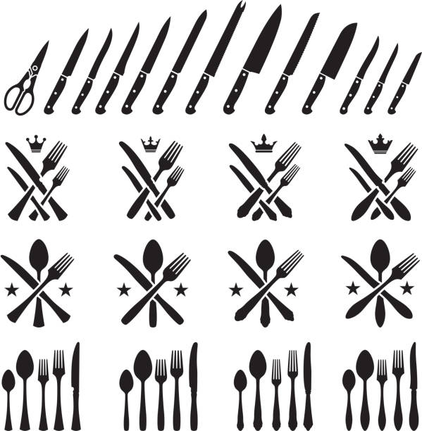 Kitchen Utensils silverware forks knifes and spoons vector icon set Kitchen Utensils black & white set carving set stock illustrations