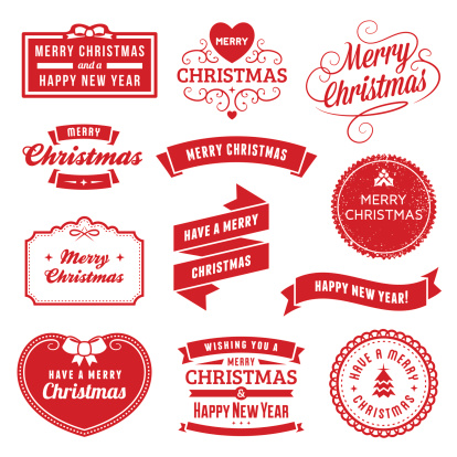 Collection of christmas badges/labels/greetings in one color. Background shows through the white parts.