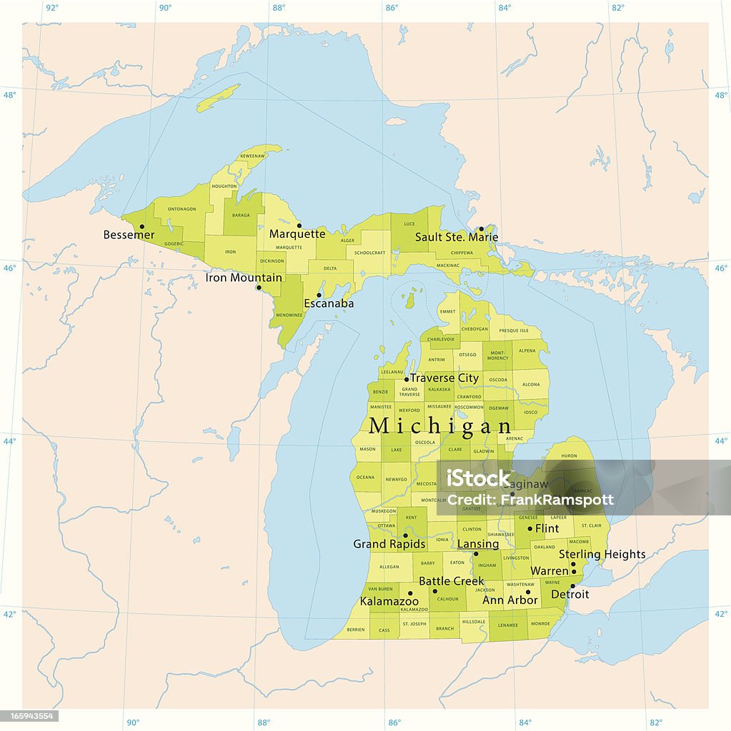 Michigan Vector Map "Highly detailed vector map of Michigan, United States. File was created on November 14, 2012. The colors in the .eps-file are ready for print (CMYK). Included files: EPS (v8) and Hi-Res JPG (5600aa aaa 5600 px)." Lake Michigan stock vector