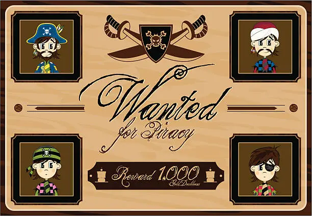 Vector illustration of Cute Little Pirate Gang Wanted Poster