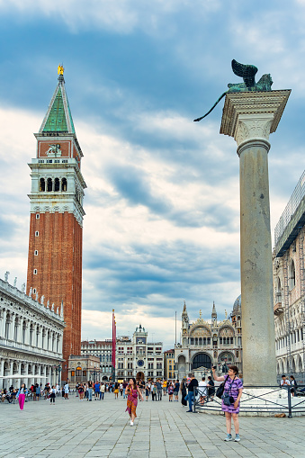 Venice, Italy - May 30 2023: View from St. Mark's Square with Saint Marks Basilica, the main tourist attraction in Venice. Colonna di San Marco