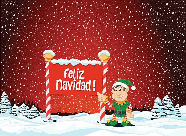 Vector illustration of Feliz Navidad Sign Christmas Elf Winter Landscape